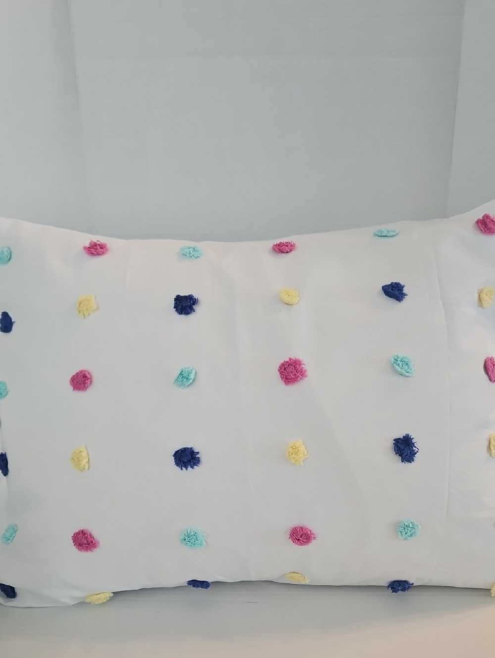 Pottery Barn Teen White Pink, Aqua Yellow Pom Poms Standard Pillow Sham